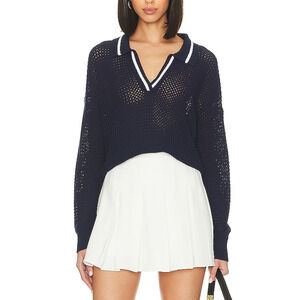 525 'Cara Polo' Long Sleeve Blue Crochet Knit Pullover Size S